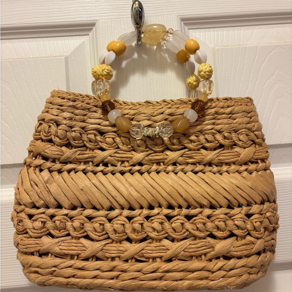 Handcrafted Tan Woven Bag with Beaded Handle